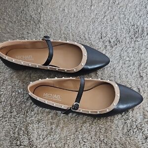 Michael Shannon Black & Taupe Pearl Studded Mary Jane Flats Size 7.5